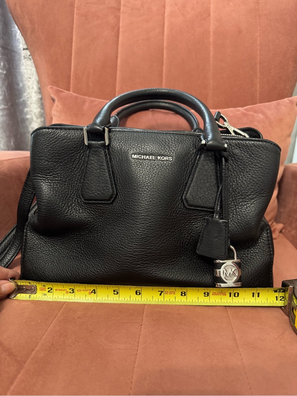 Michael Kors Black Pebbled Leather Satchel with MK Lock Charm - Picture 9 of 17